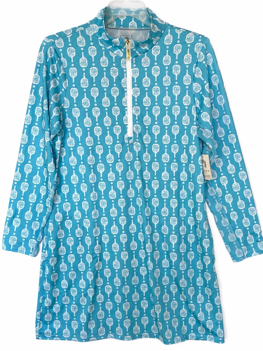 Cabana Life UPF 50 Shift Dress Aqua White Pickleball Long Sleeve Tunic Pockets L